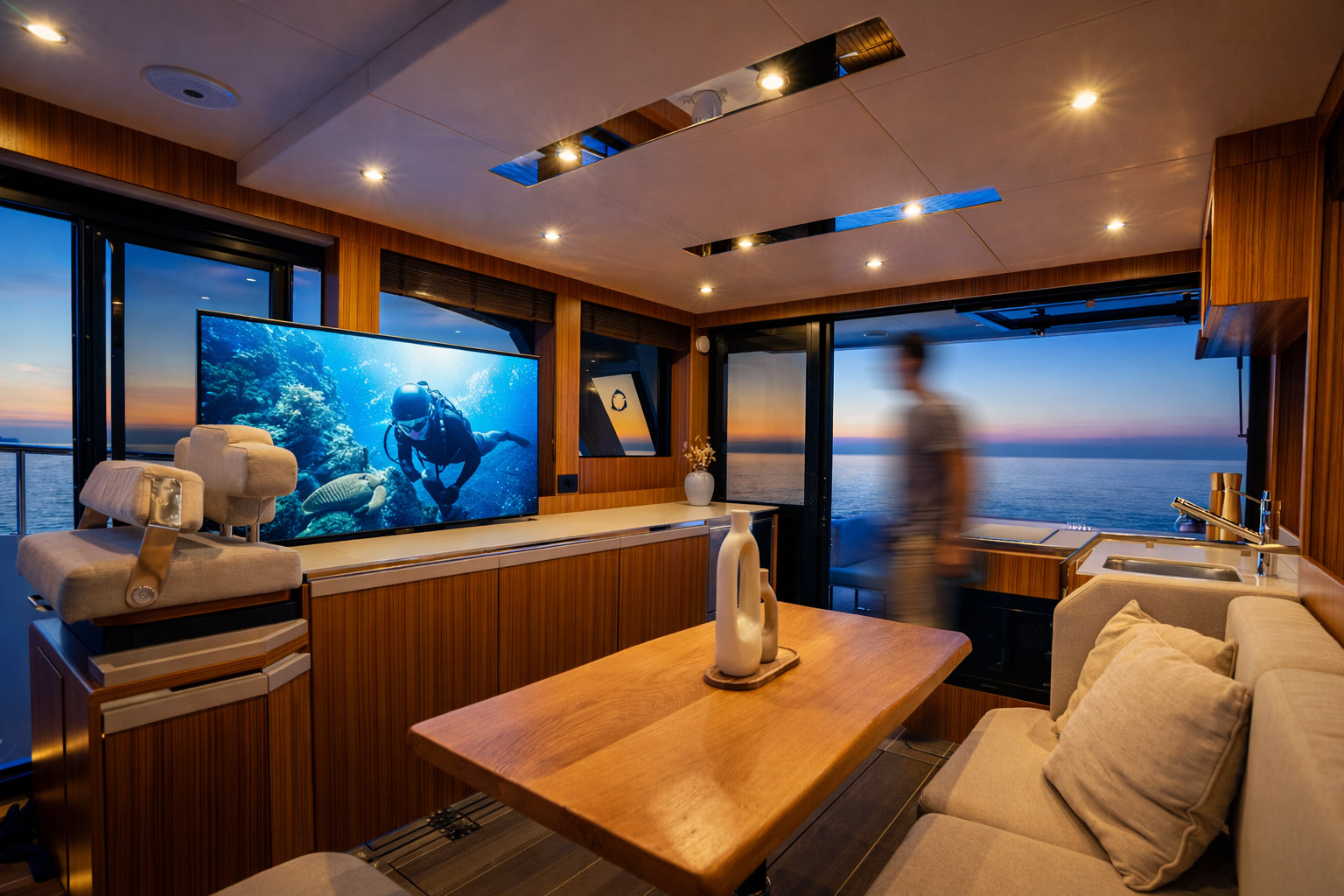 Intérieur yacht — ambiance crépuscule